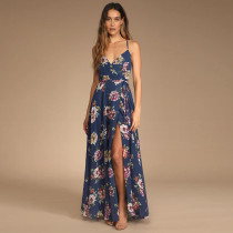 Printed, V-neck, suspender, backless dress, split skirt