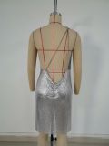 Sequin, dress, V-neck, suspender, backless, metal suspender dress