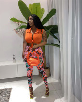 Solid color, sleeveless, shirt, printed Pants Set