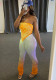 Women Summer Orange Casual Strapless Sleeveless High Waist Printed Pleated Regular Two Piece Pants Set