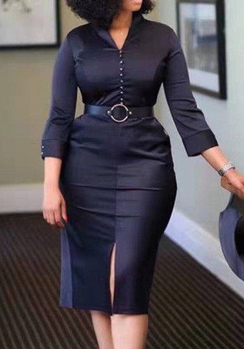 Kadın Yaz Siyah Resmi V Yaka Üç Çeyrek Kollu Katı Kuşaklı Midi Düz Ofis Elbise