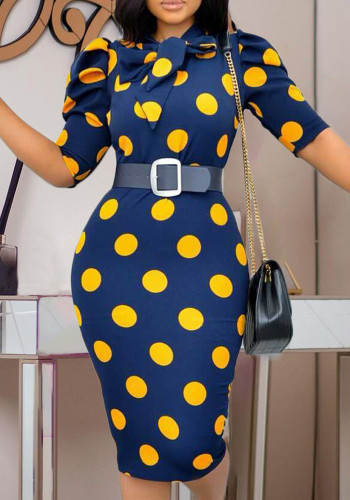 Women Summer Yellow Formal Turtleneck Half Sleeves Dot Print Belted Knee-Length Pencil Office Dress