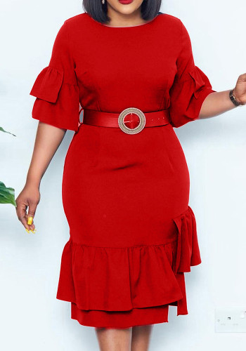Kadın Yaz Kırmızı Mütevazı O-Boyun Yarım Kollu Katı Ruffles Midi Kalem Ofis Elbise