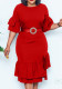 Women Summer Red Modest O-Neck Half Sleeves Solid Ruffles Midi Pencil Office Dress