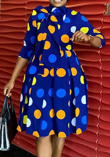 Kadın Yaz Mavi Mütevazı Balıkçı Yaka Yarım Kollu Nokta Baskı Yay Diz Boyu A-line Ofis Elbise