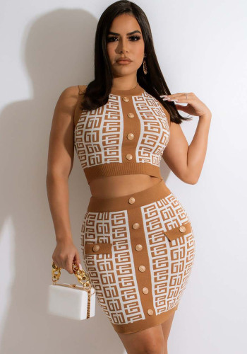 Women Summer Khaki Sexy O-Neck Sleeveless High Waist Print Button Skinny MiniTwo Piece Skirt Set