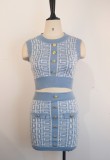 Women Summer Blue Sexy O-Neck Sleeveless High Waist Print Button Skinny MiniTwo Piece Skirt Set