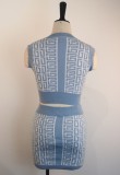 Women Summer Blue Sexy O-Neck Sleeveless High Waist Print Button Skinny MiniTwo Piece Skirt Set