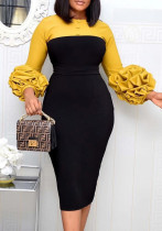 Women Autumn Yellow Modest O-Neck Full Sleeves Color Blocking Button Midi Pencil Office Dress