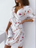 Women Summer White Modest V-neck Three Quarter Sleeves Floral Print Pleated Pencil Midi Dress