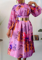 女性秋紫ロマンチックタートルネックフルスリーブフローラルプリントプリーツAラインミディドレス