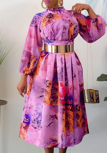 Women Autumn Purple Romantic Turtleneck Full Sleeves Floral Print Pleated A-line Midi Dress