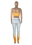 Women Summer Orange Casual Strapless Sleeveless High Waist Printed Pleated Regular Two Piece Pants Set