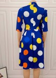 Women Summer Blue Modest Turtleneck Half Sleeves Dot Print Bow Knee-Length A-line Office Dress