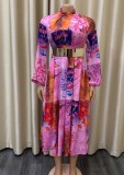 Women Autumn Purple Romantic Turtleneck Full Sleeves Floral Print Pleated A-line Midi Dress