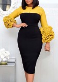 Women Autumn Yellow Modest O-Neck Full Sleeves Color Blocking Button Midi Pencil Office Dress
