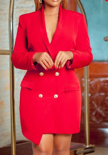 Frauen-Herbst-rotes formales V-Ausschnitt volle Hülsen festes Knopf-mini gerades Büro-Kleid
