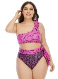 Women Pink TIE-FRONT Slash Neck Printed Plus Size Two Piece Swimwear