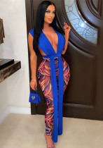 Women Summer Blue Sexy V-neck Sleeveless High Waist Printed Belted Skinny Two Piece Pants Set