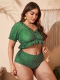 Women Green Bikini V-Neck Floral Print Ruffles Plus Size Two Piece Swimwear