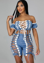 Dames Zomer Blauw Sexy Strapless Polsmouwen Hoge Taille Lace Up Normale Tweedelige Shorts Set