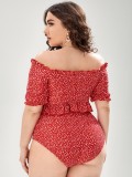 Women Red Bikini V-Neck Floral Print Ruffles Plus Size Two Piece Swimwear