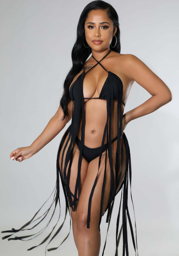 Women Black Bikini Halter Solid Fringed Plus Size Two Piece Swimwear