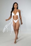 Women White Bikini Halter Solid Fringed Plus Size Two Piece Swimwear
