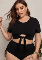 Women Black Bikini Round Neck Solid Hollow Out Plus Size Two Piece Swimwear