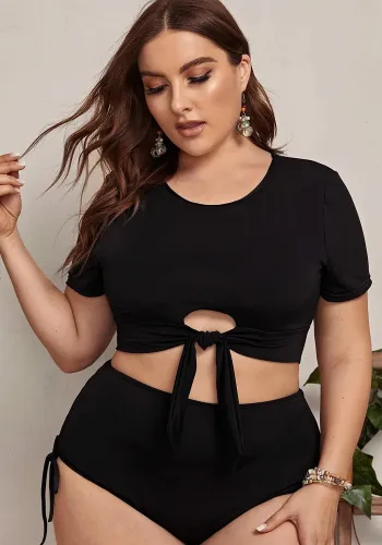 Women Black Bikini Round Neck Solid Hollow Out Plus Size Two Piece Swimwear