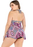 Women Purple High-Leg Halter Printed Bow Plus Size Two Piece Swimwear