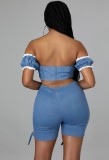 Conjunto de pantalones cortos regulares de dos piezas con cordones de cintura alta y mangas de muñeca sin tirantes sexy azul de verano para mujer
