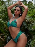 Women Green Cover-Up Strap Floral Print Bow Plus Size Three Piece Swimwear