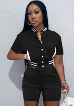 Women Summer Black Casual O-Neck Short Sleeves High Waist Striped Print Pockets Regular Two Piece Shorts Set
