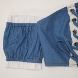 Women Summer Blue Sexy Strapless Wrist Sleeves High Waist Lace Up Regular Two Piece Shorts Set