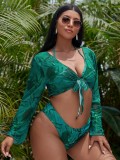 Women Green Cover-Up Strap Floral Print Bow Plus Size Three Piece Swimwear