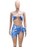 Women Blue Cover-Up Halter Tie Dye Three Piece Swimwear