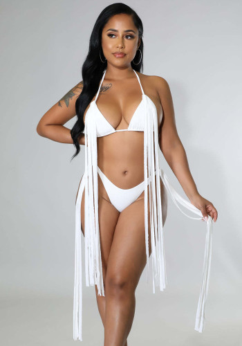 Women White Bikini Halter Solid Fringed Plus Size Two Piece Swimwear