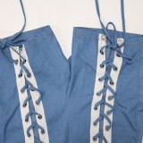 Women Summer Blue Sexy Strapless Wrist Sleeves High Waist Lace Up Regular Two Piece Shorts Set