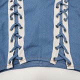 Conjunto de pantalones cortos regulares de dos piezas con cordones de cintura alta y mangas de muñeca sin tirantes sexy azul de verano para mujer