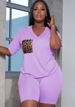 Women Summer Purple Casual V-neck Short Sleeves High Waist Leopard Print Pockets Regular Two Piece Shorts Set