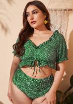 Bikini verde con cuello en V y volantes con estampado floral de talla grande para mujer Traje de baño de dos piezas