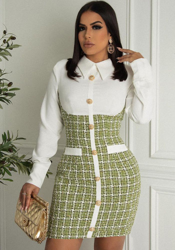 Mini vestido de oficina recto con botones de retazos de manga larga y cuello vuelto Formal verde otoño para mujer