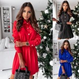 Women Autumn Red Modest Turn-down Collar Full Sleeves Solid Pleated Mini A-line Office Dress