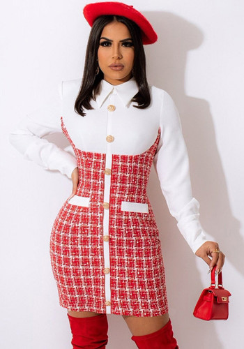 Kadın Sonbahar Kırmızı Resmi Turn-aşağı Yaka Tam Kollu Patchwork Düğme Mini Düz Ofis Elbise