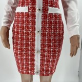 Women Autumn Red Formal Turn-down Collar Full Sleeves Patchwork Button Mini Straight Office Dress