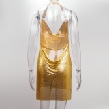 Women Summer Gold Sexy Halter Sleeveless Solid Metallic Slit Mini Straight Club Dress