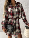 Women Autumn Printed Preppy Style Turn-down Collar Full Sleeves Plaid Print Belted Long Shirt
