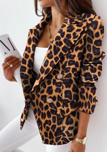 Women Autumn Yellow Modest Turn-down Collar Three Quarter Sleeves Leopard Print Button Double Breasted Regular  Blazer