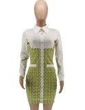 Women Autumn Green Formal Turn-down Collar Full Sleeves Patchwork Button Mini Straight Office Dress